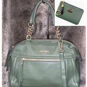 Cole Haan Green Leather Satchel Purse w/ Bee Mini Wallet